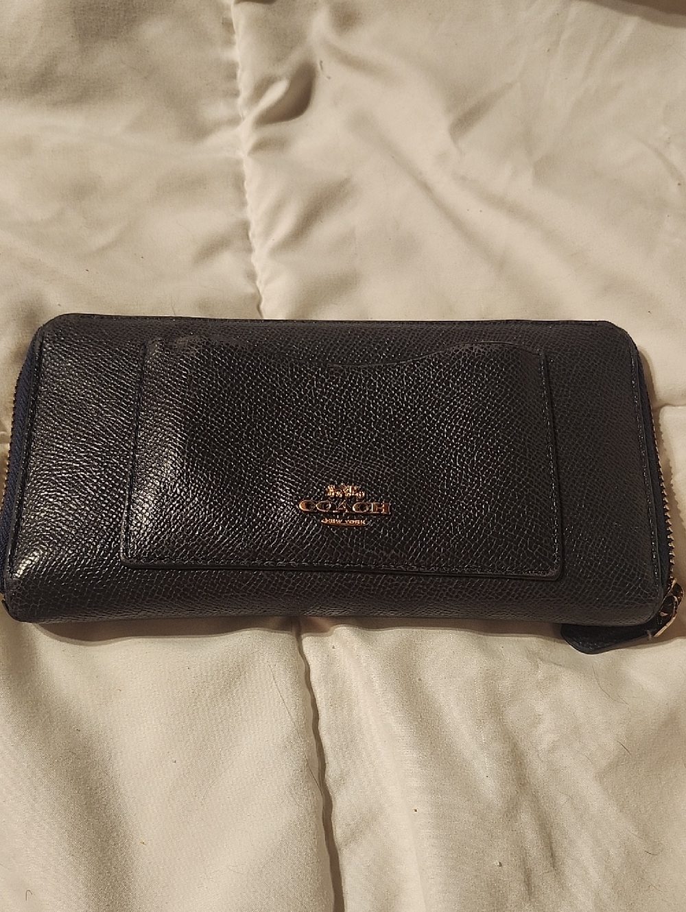 Coach Dark Navy Pebbled Leather Zip Around Wallet with Gold Logo